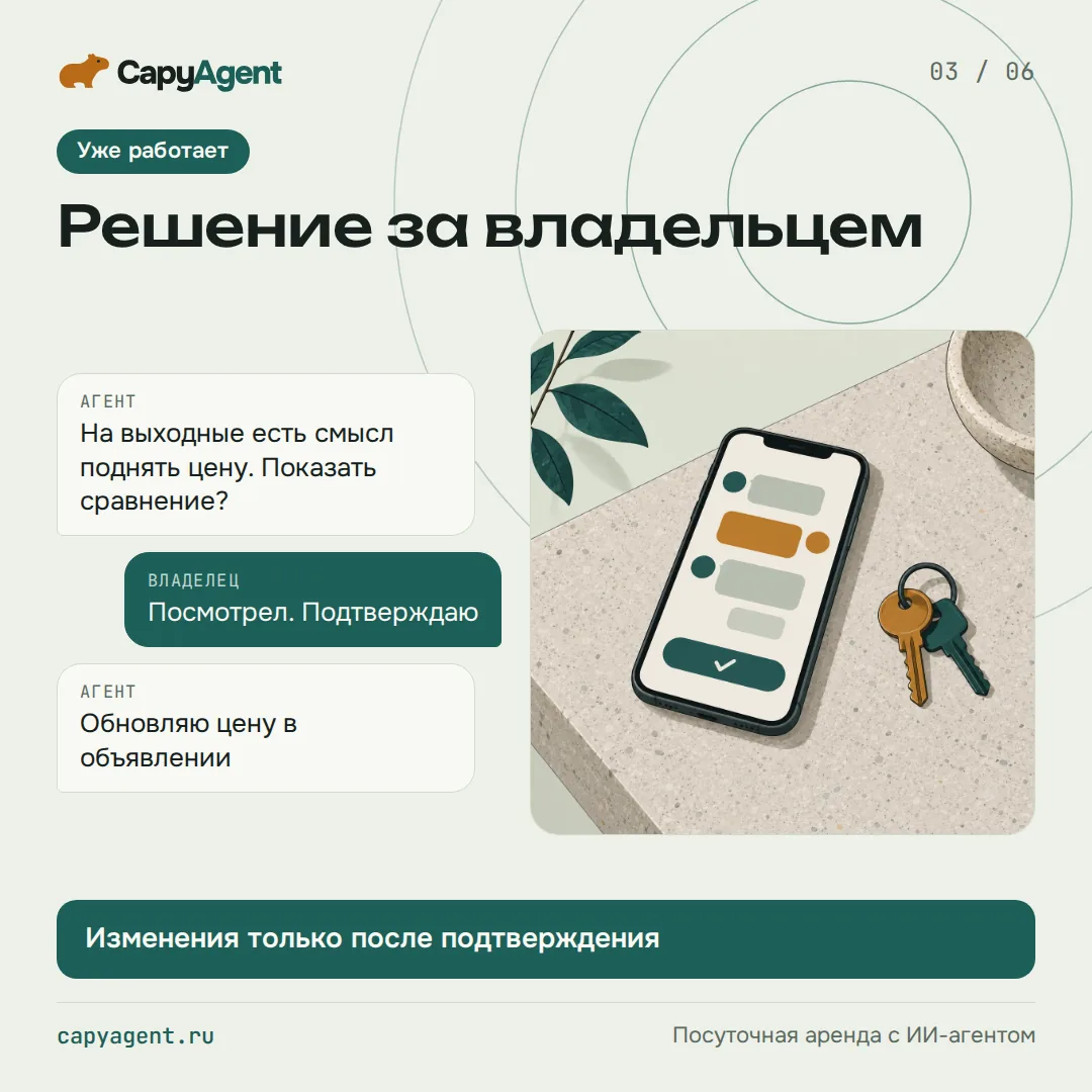 Слайд 3 из 6: смартфон с чатом агента и владельца, изменения только после подтверждения